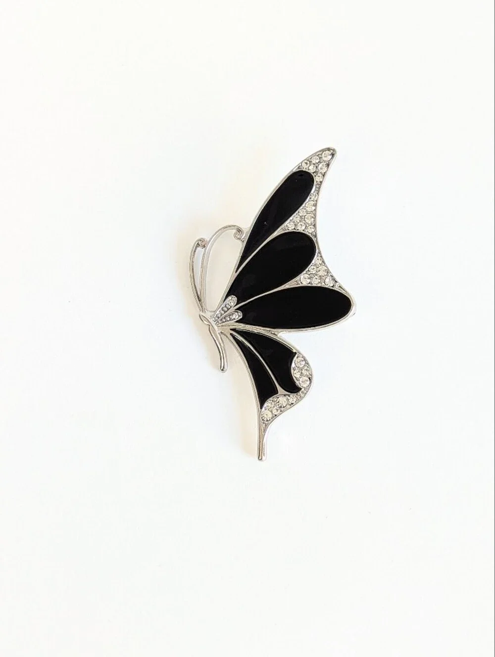 Vintage Black Enamel Butterfly Brooch Silver Tone Clear Rhinestone Statement Pin